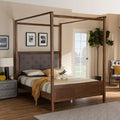 Queen Size Grey Fabric Upholstered Wood Platform Canopy Bed X454
