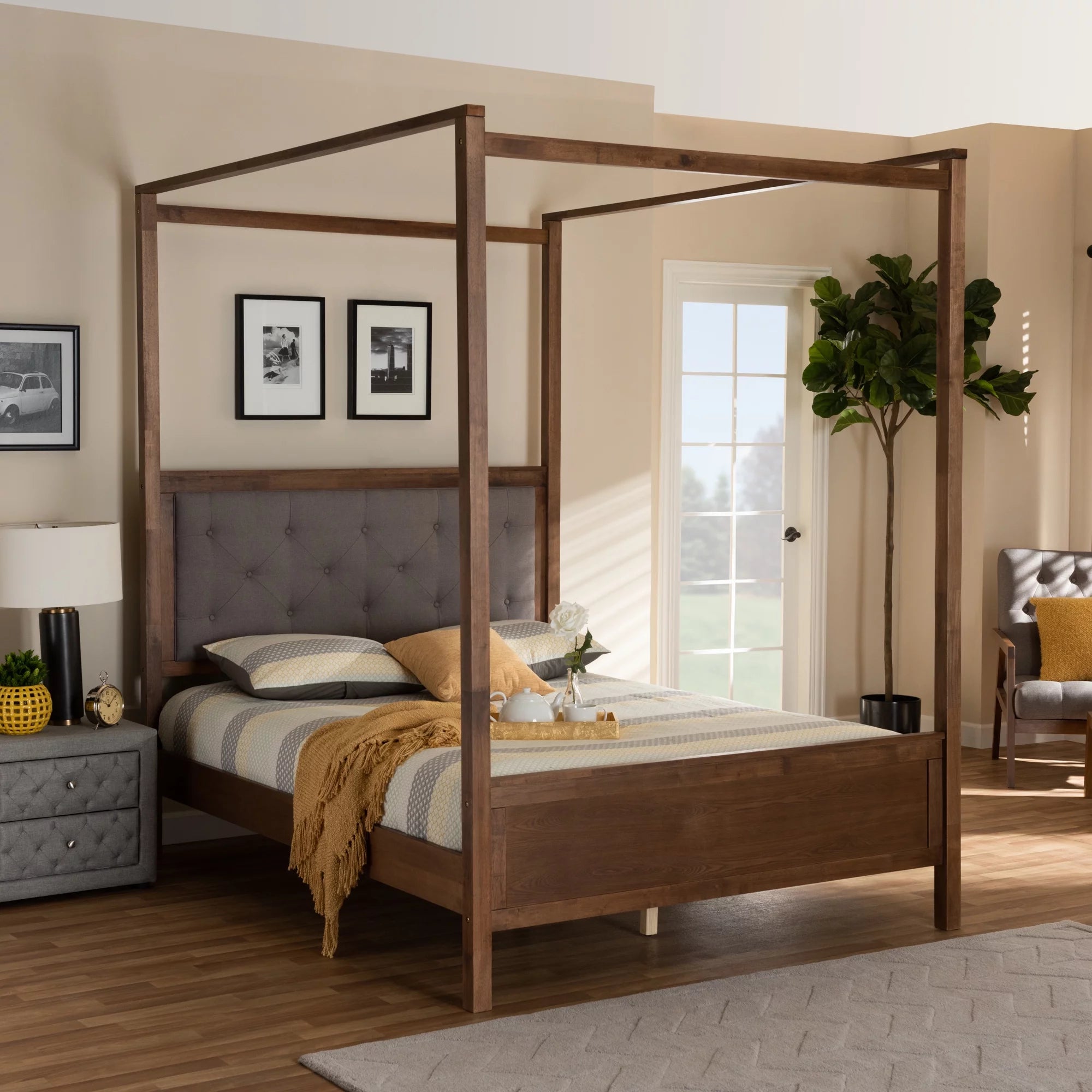 Queen Size Grey Fabric Upholstered Wood Platform Canopy Bed X454