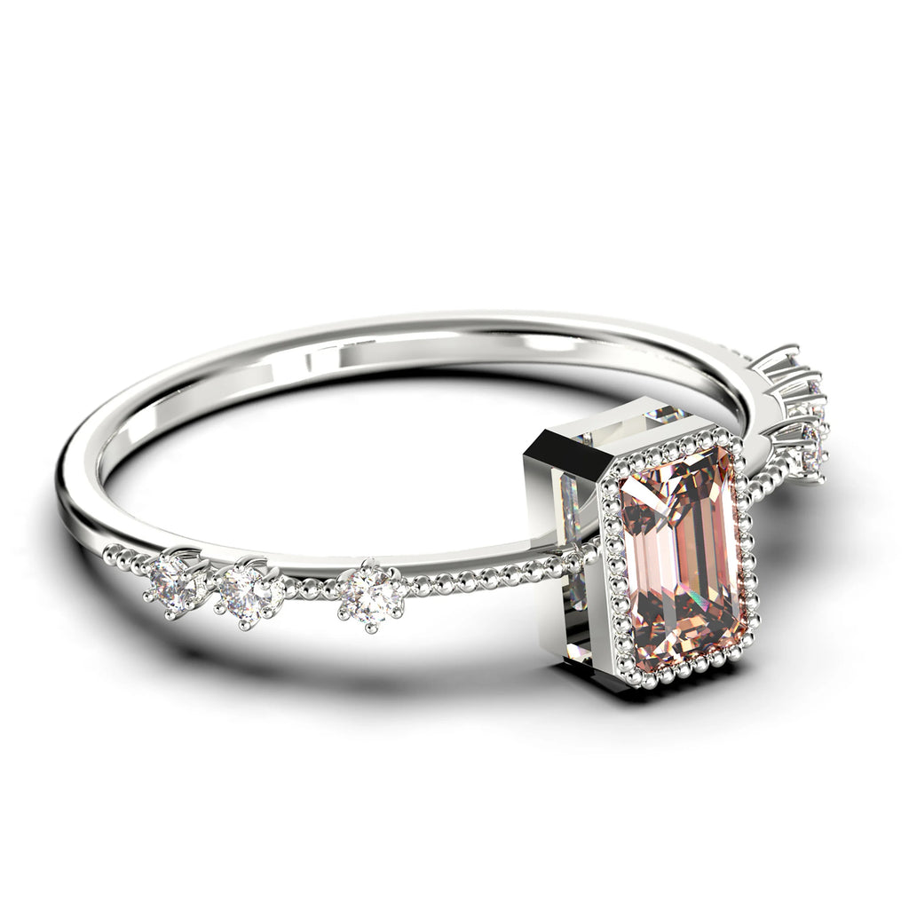 1.25 Carat Emerald Cut Morganite And Diamond Moissanite Thin Engagement Ring in 925 Sterling Silver With 18k White Gold Plating V98803