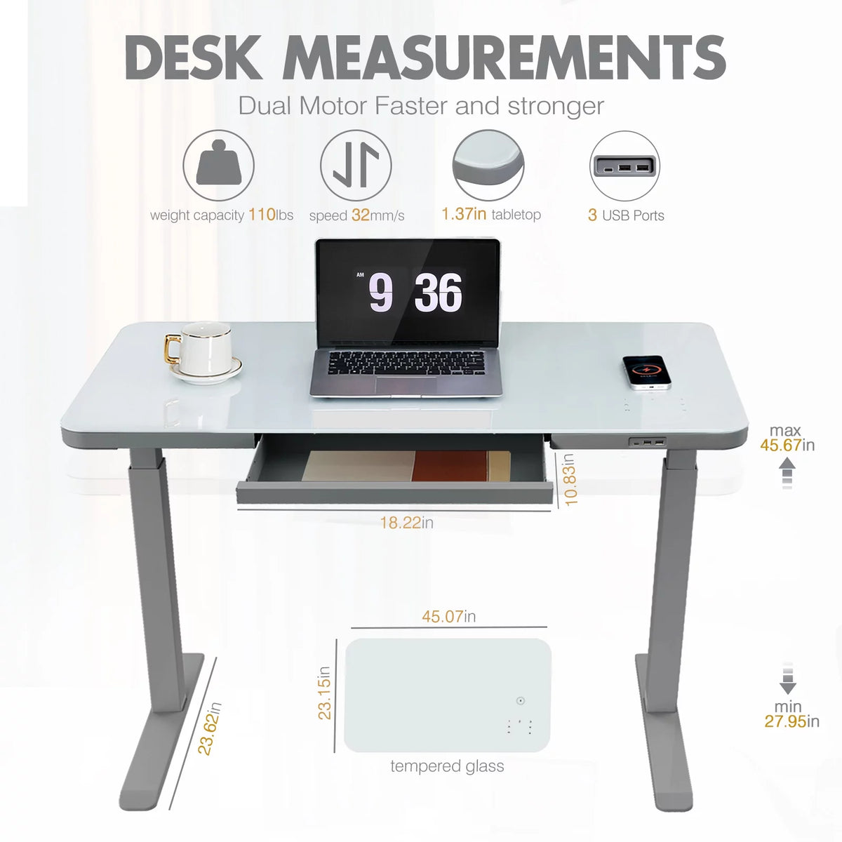 Gray Dual Motor Height Adjustable Desk with Drawer and Tempered Glass Top S907