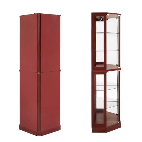 72" Tall Corner Display Cabinet Lighted Curio Cabinet, 6-Tier Wood Curio Showcase with Glass Doors and Adjustable Shelves (Cherry) E89053