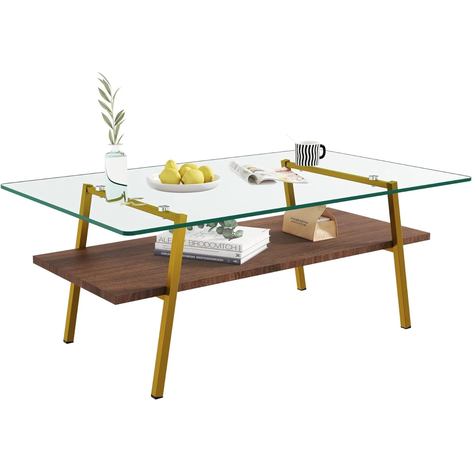 Black Frame Transparent Glass Brown Wood Coffee Table U416718