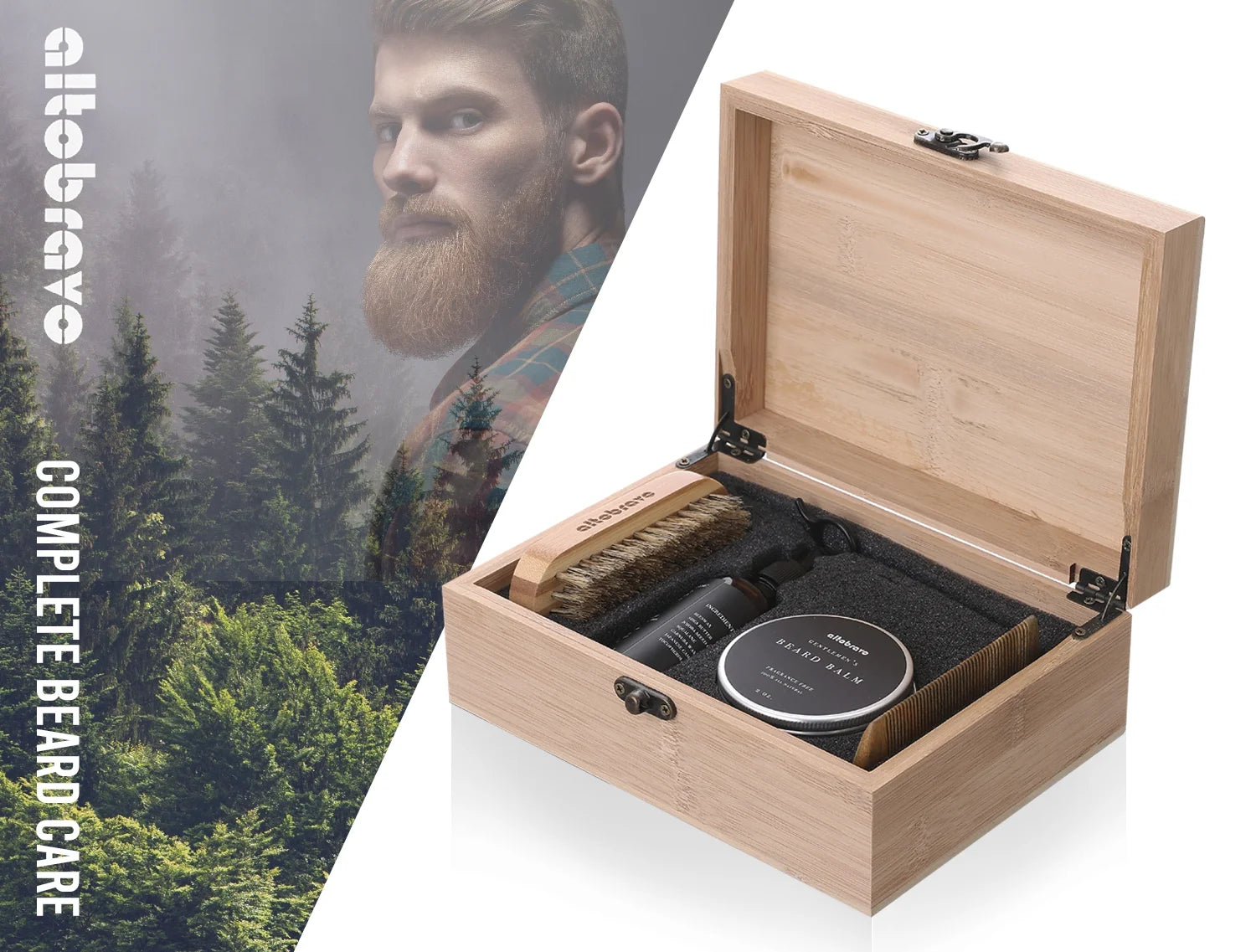 Beard Kit with Beard Oil, Beard Balm, Beard Brush, Beard Comb, Scissors in Bamboo Gift Box U157