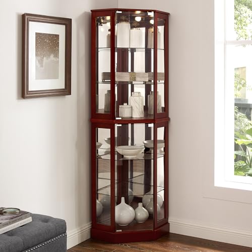 72" Tall Corner Display Cabinet Lighted Curio Cabinet, 6-Tier Wood Curio Showcase with Glass Doors and Adjustable Shelves (Cherry) E89053