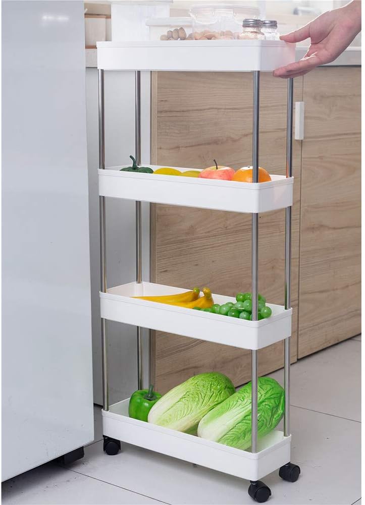 4 Tier Narrow Sliding Storage Organizer Rack Rolling Cart (White) S571699