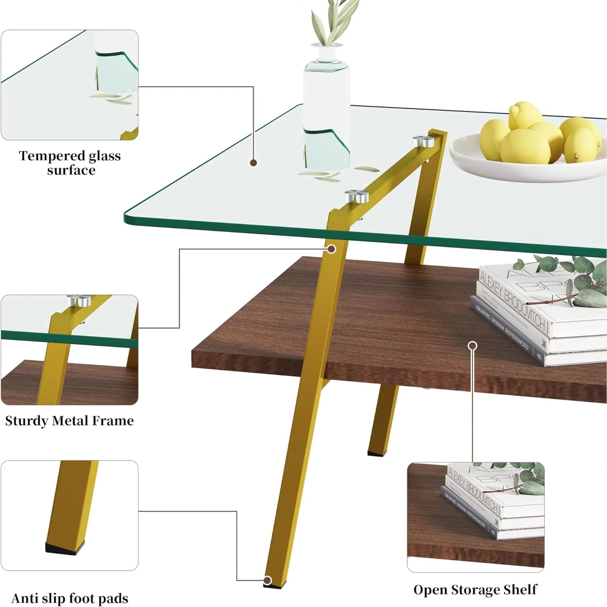 Black Frame Transparent Glass Brown Wood Coffee Table U416718