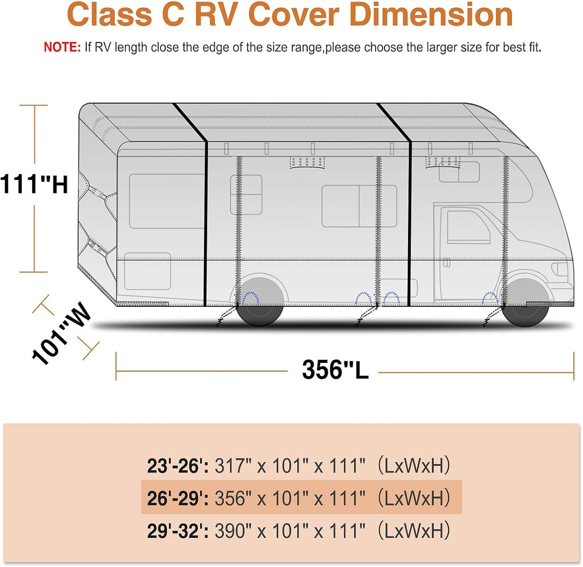 Windproof Waterproof Class C RV Cover for 26’-29’ Motorhome with 2Pcs Extra Long Straps & Gutter Covers L303770