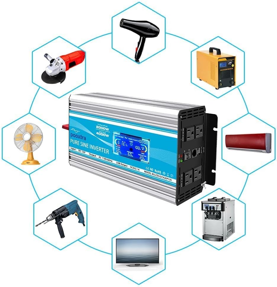 2000 Watt Pure Sine Wave Power Inverter 12V DC to 110V AC with LCD Display USB Port 4 AC Outlets U931