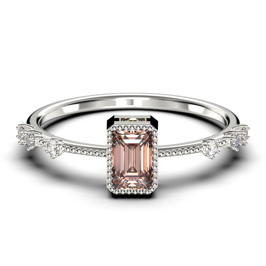 1.25 Carat Emerald Cut Morganite And Diamond Moissanite Thin Engagement Ring in 925 Sterling Silver With 18k White Gold Plating V98803