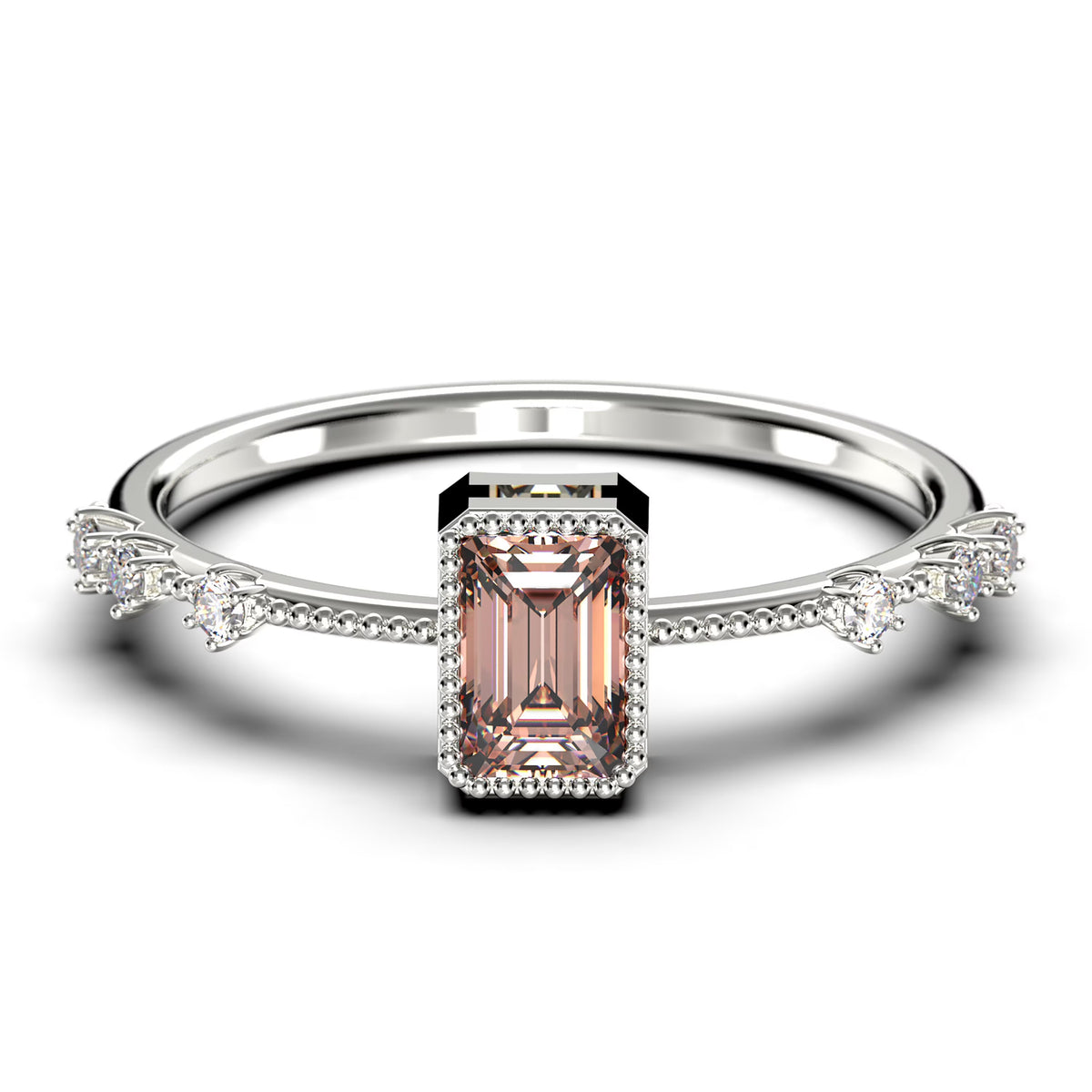 1.25 Carat Emerald Cut Morganite And Diamond Moissanite Thin Engagement Ring in 925 Sterling Silver With 18k White Gold Plating V98803