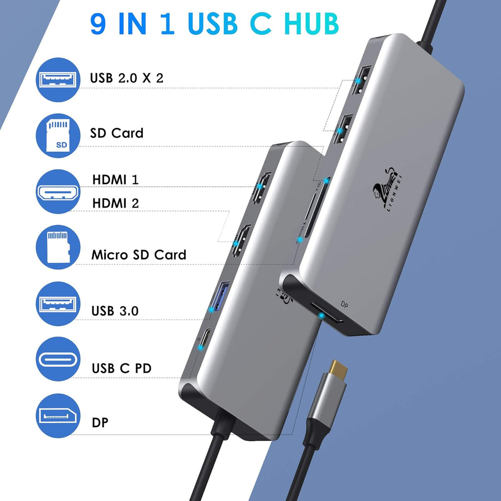 9-in-1 Triple Display USB C to Dual HDMI Adapter with DisplayPort, 87W PD, SD/TF Card Reader H836