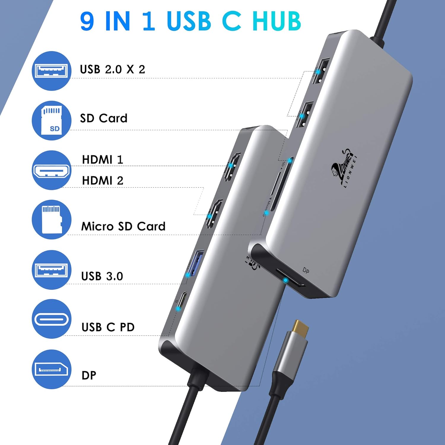 9-in-1 Triple Display USB C to Dual HDMI Adapter with DisplayPort, 87W PD, SD/TF Card Reader H836