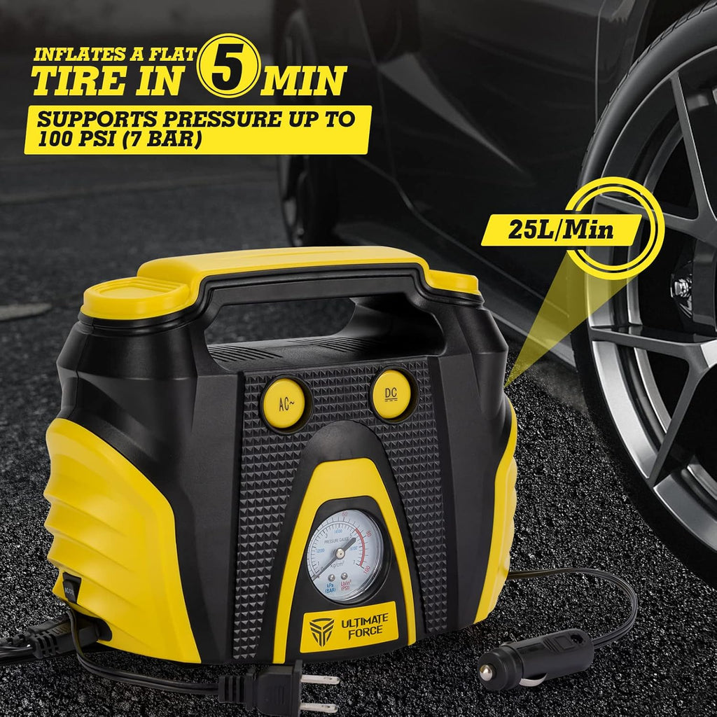 Portable Tire Inflator 12 V Air Compressor Pump with Dual Power, 3 Air Nozzle and Carrying Case, Yellow Q8136