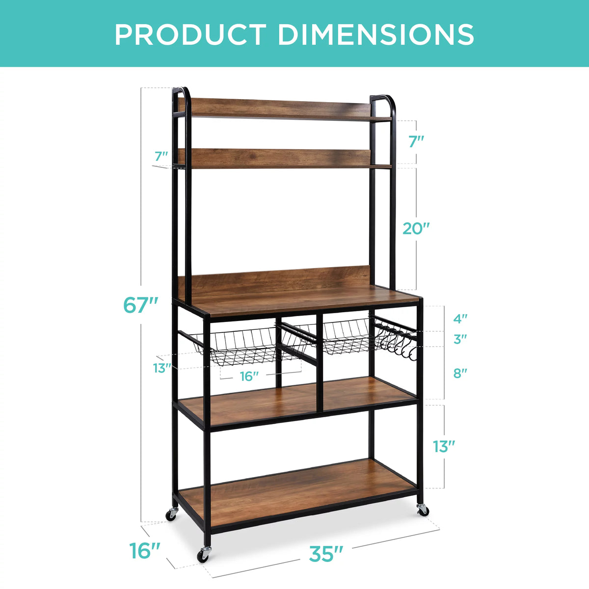 Brown Black Counter-Height Baker's Rack with Locking Wheels I453258
