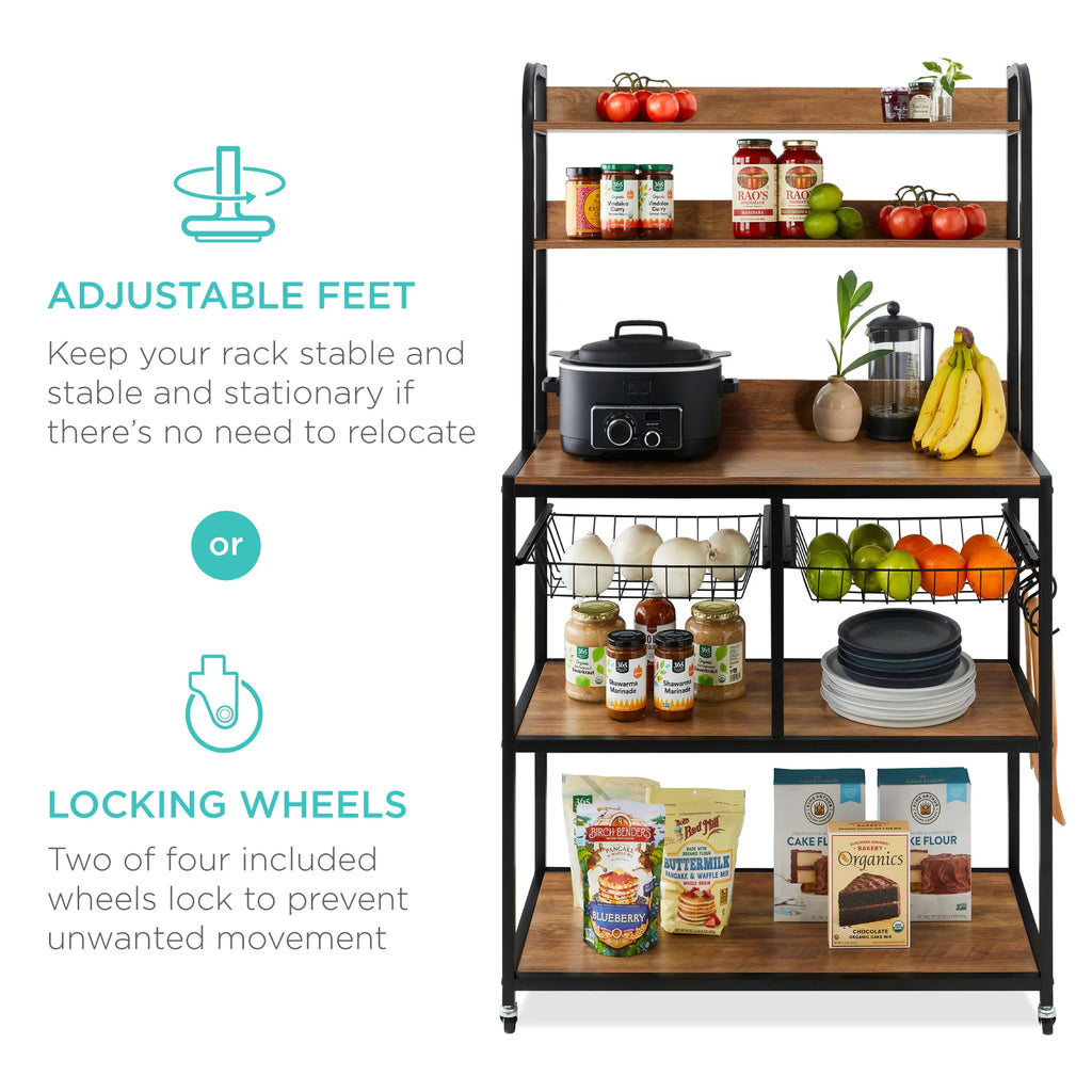 Brown Black Counter-Height Baker's Rack with Locking Wheels I453258