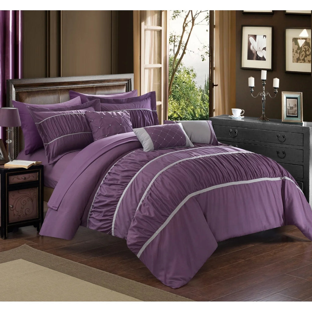 10 Piece Pleated and Ruffled Comforter and Sheet Set S9121