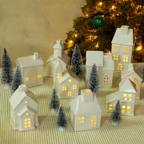 22 Pcs Ceramic Christmas Village Set with Light Include 9 Lighted Village Houses 13 Christmas Trees White Roof S85314
