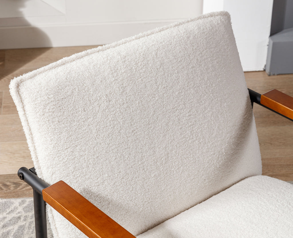 White Sherpa Armchair with Wooden Armrests and Metal Legs Z623
