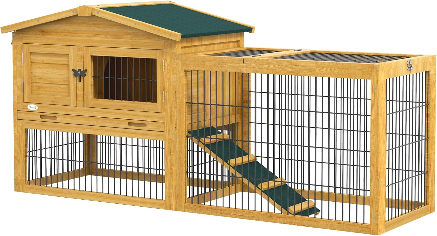 Yellow Wooden Rabbit Hutch with Removable Tray N236