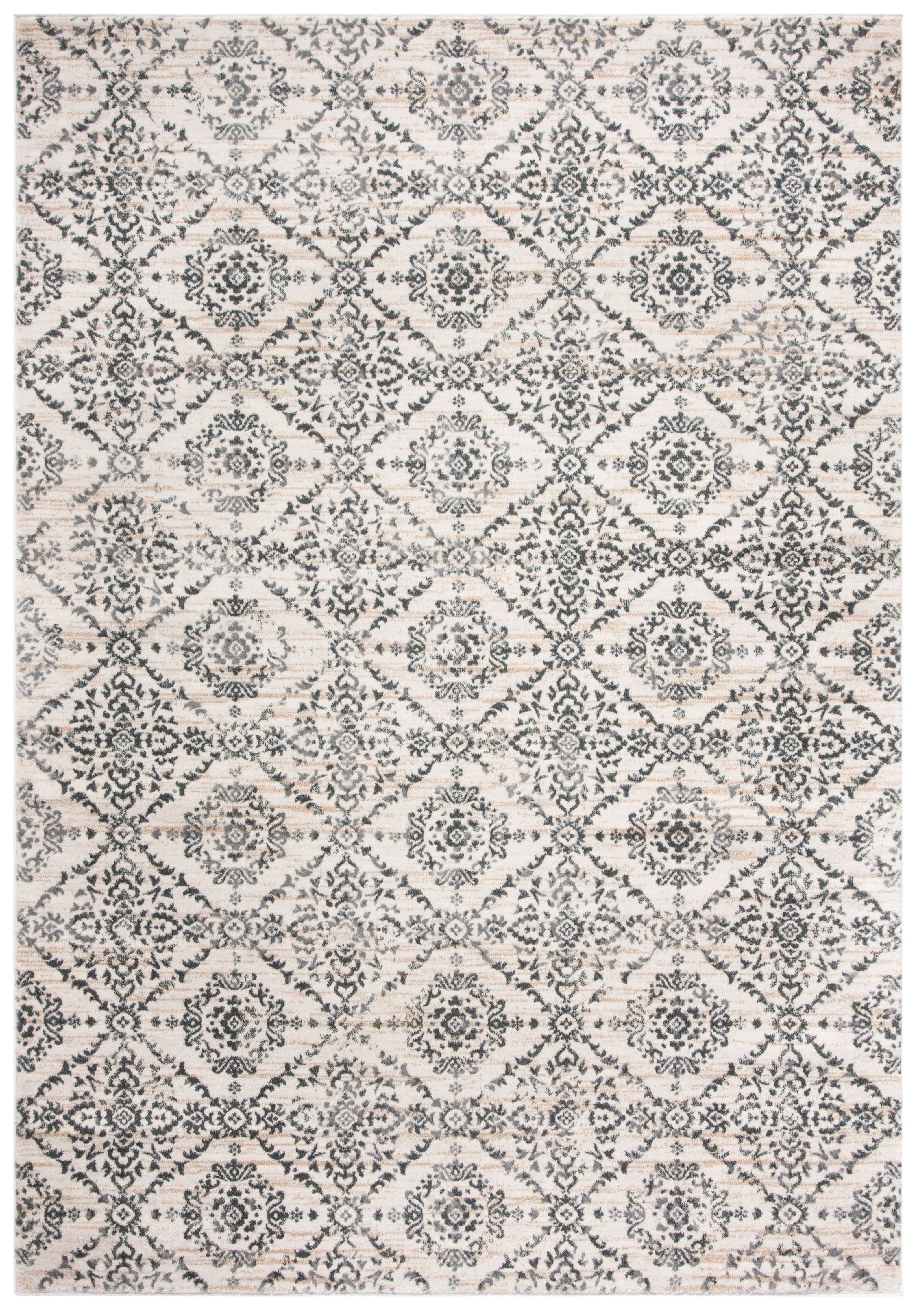Geometric Floral Area Rug, Cream/Grey, 5'3" x 7'7" B7125