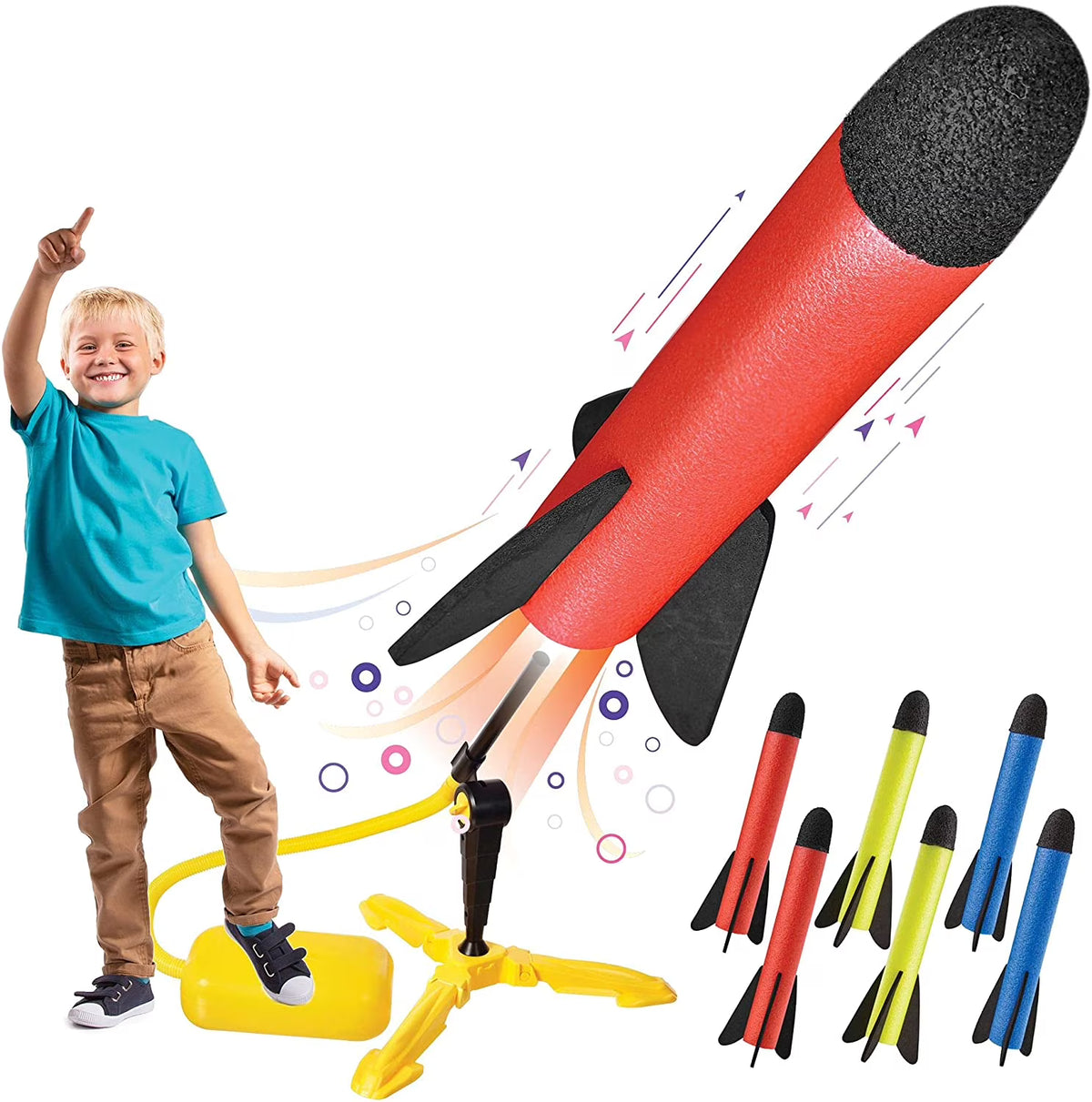 6 Colorful Foam Rockets Toy Rocket Launcher with Sturdy Launcher Stand W307699
