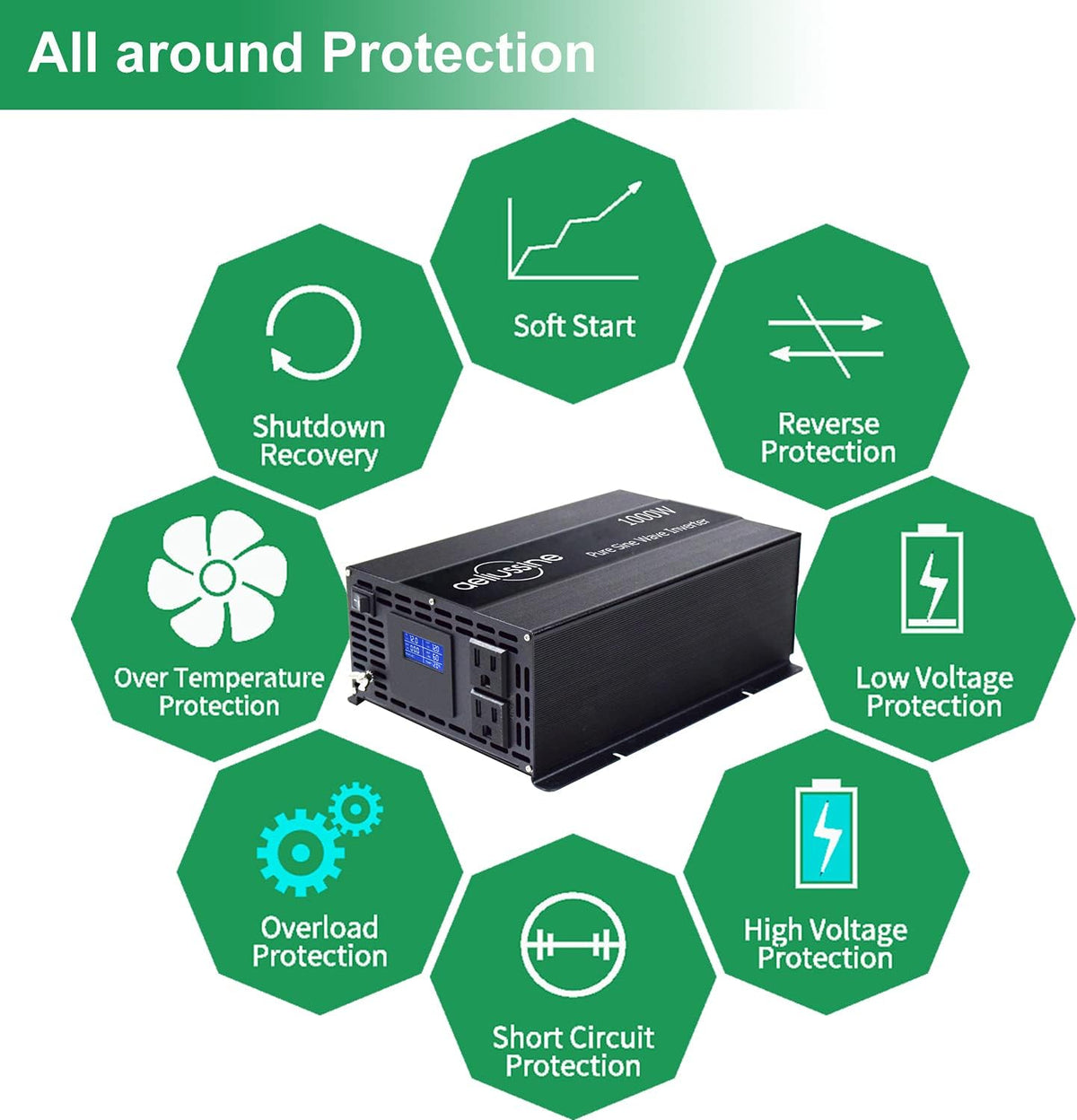 1000 Watt Pure Sine Wave Power Inverter 24V DC to AC 110V 120V with 2 US Socket LCD Display L54044