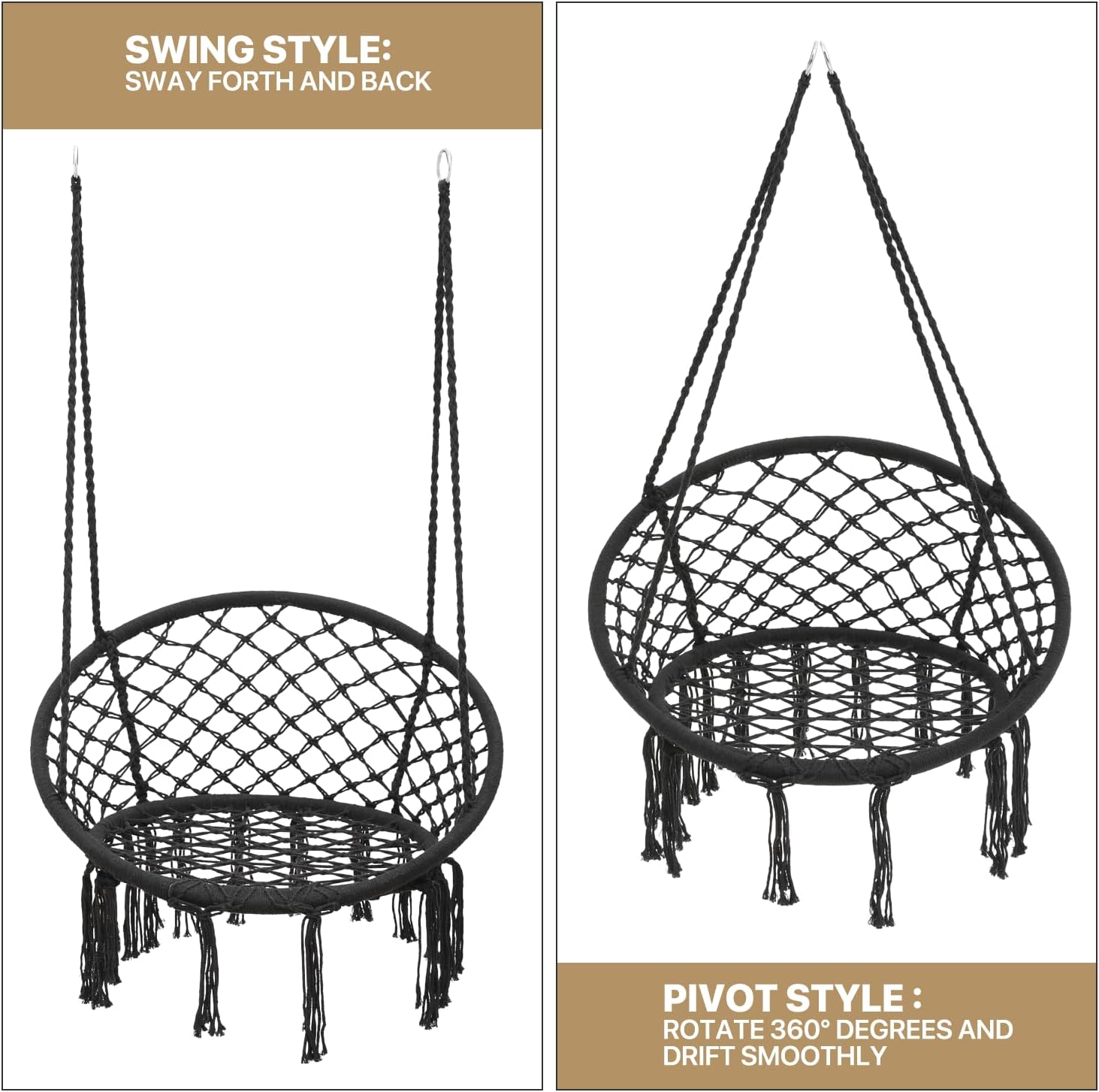 Black Hanging Hammock Chair with Large Padded Cushion, 350 Lbs Capacity X252