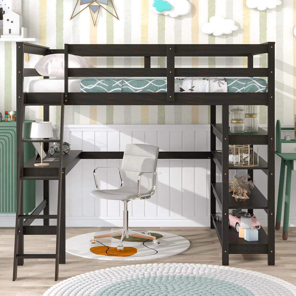 Full Size Wooden Loft Bed with Desk and Storage Shelves L42480