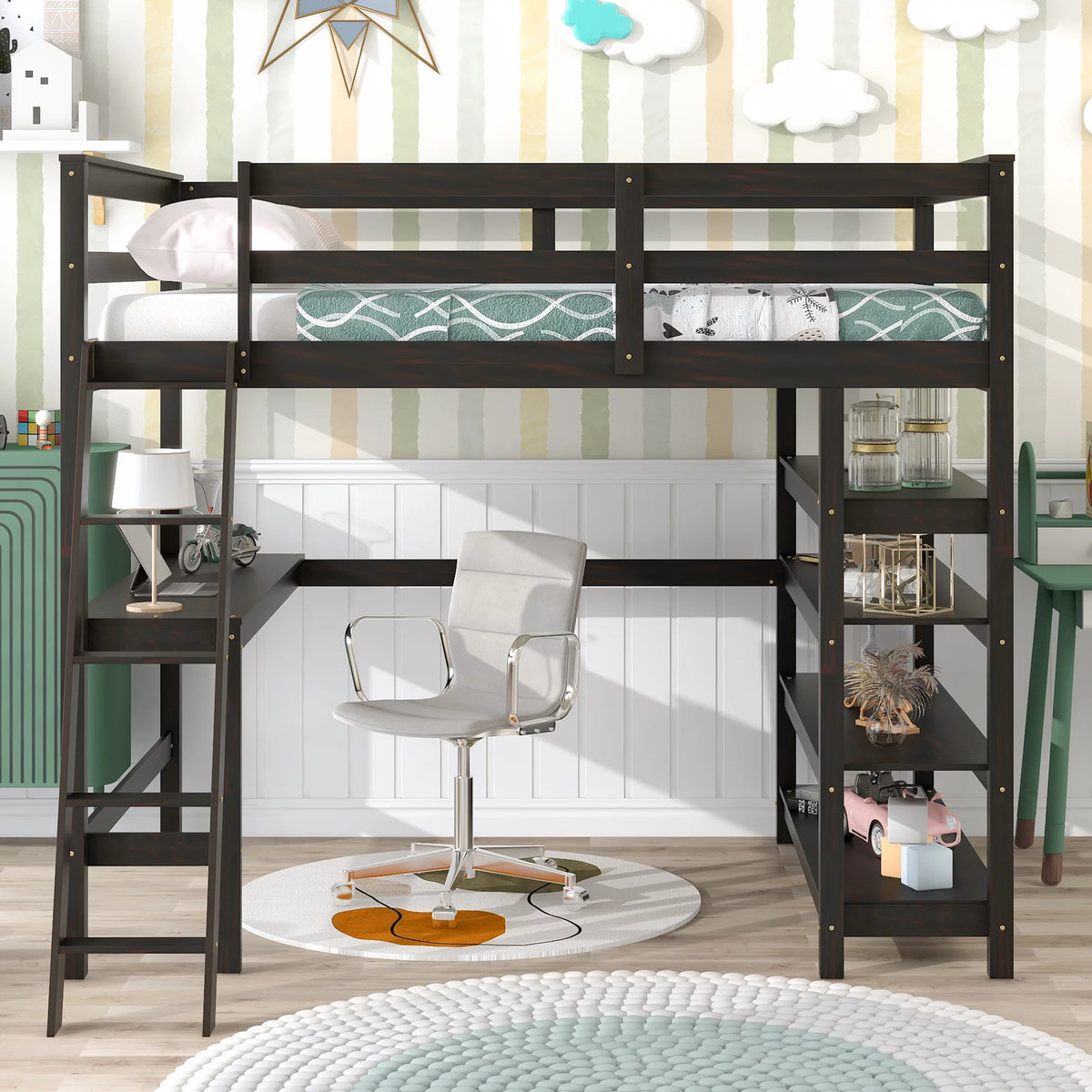 Full Size Wooden Loft Bed with Desk and Storage Shelves L42480