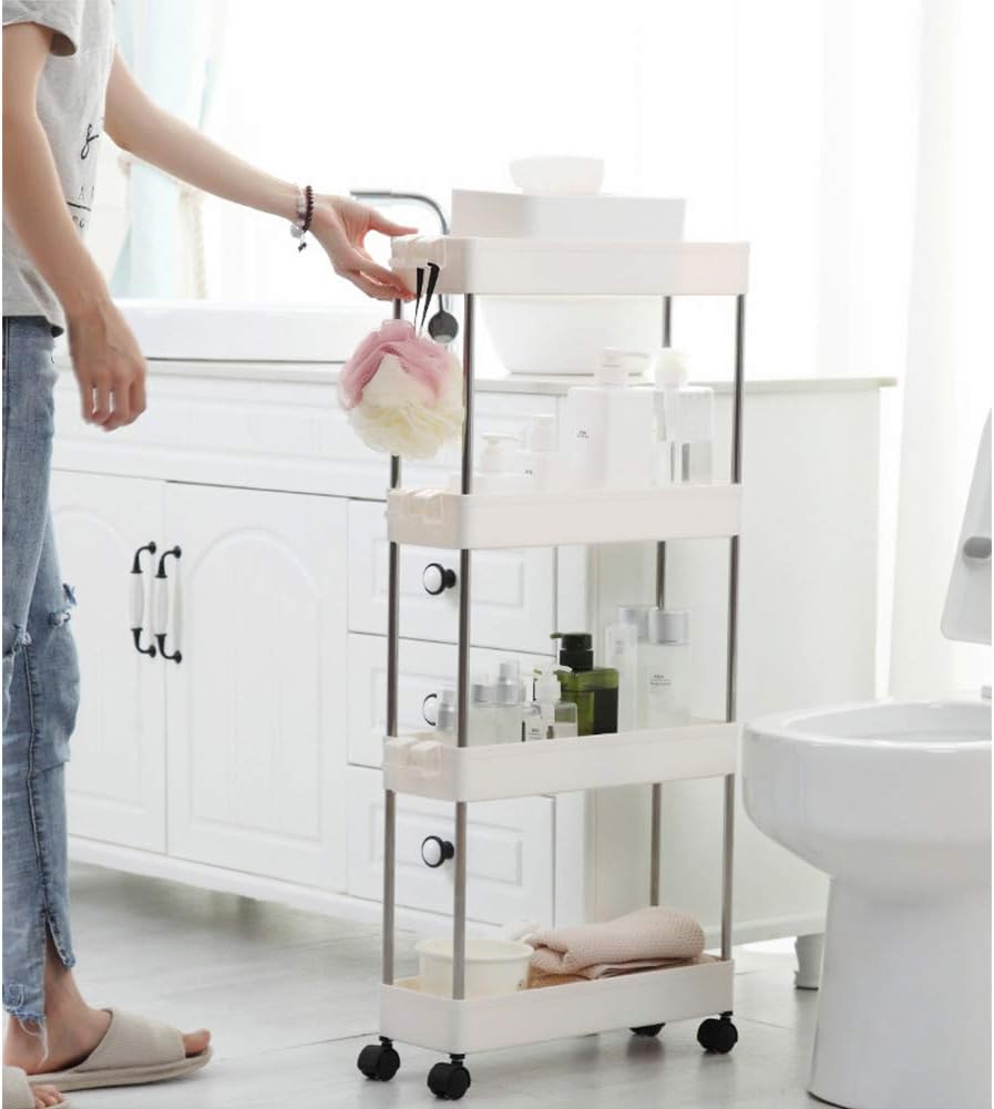 4 Tier Narrow Sliding Storage Organizer Rack Rolling Cart (White) S571699