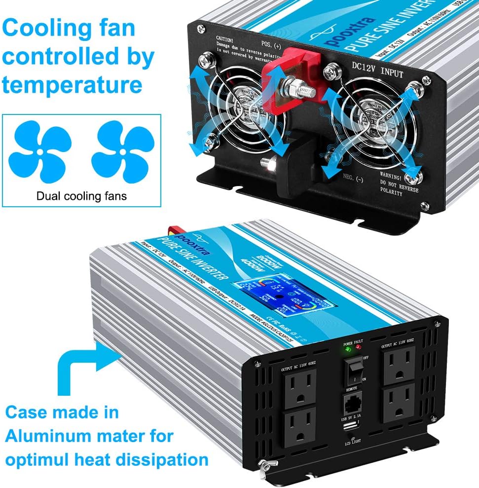 2000 Watt Pure Sine Wave Power Inverter 12V DC to 110V AC with LCD Display USB Port 4 AC Outlets U931