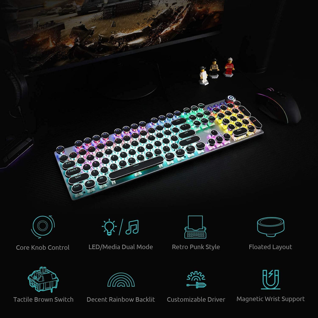 Retro Mechanical Gaming Keyboard, 104 Keys, RGB Rainbow Backlit, USB Wired, Blue Switch B634