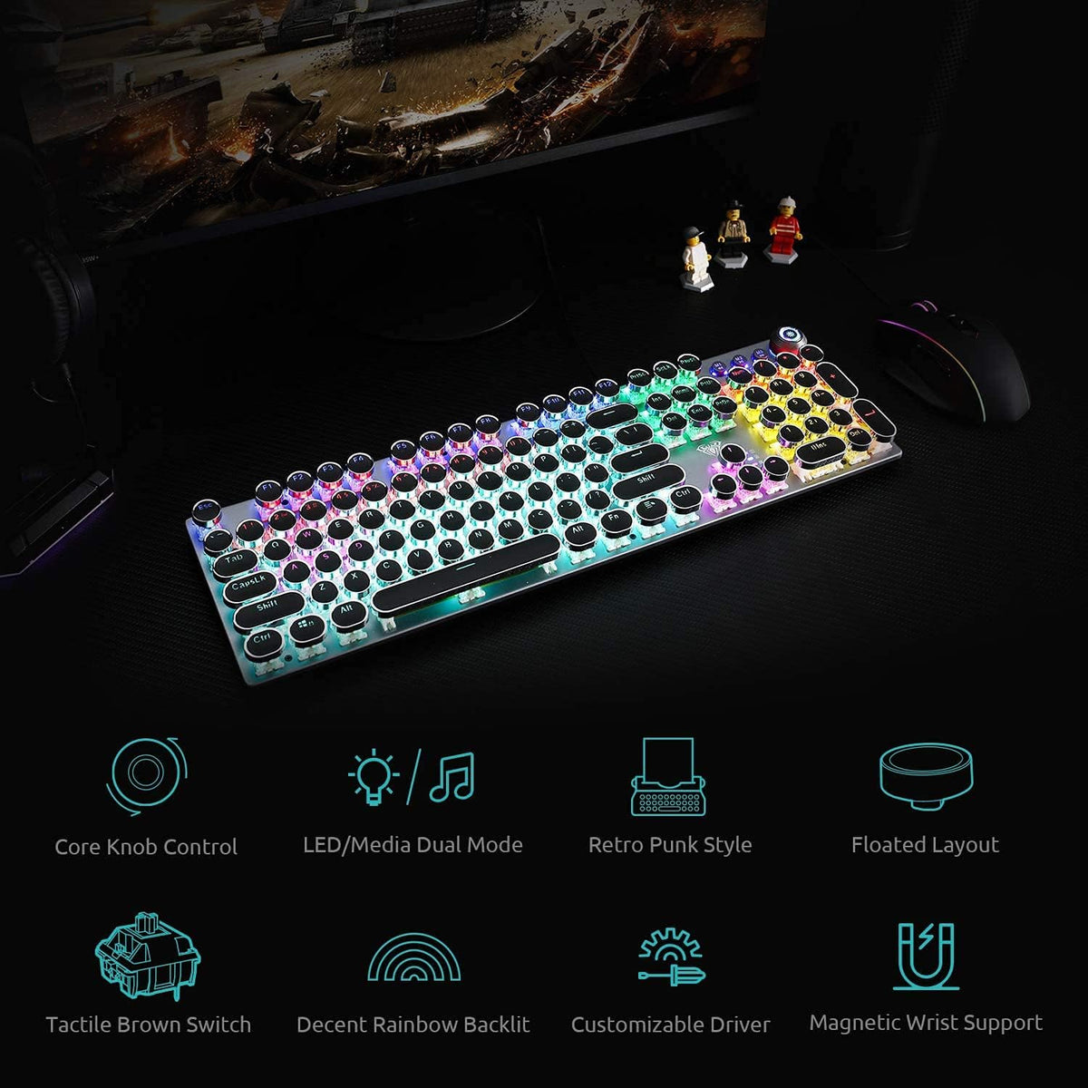 Retro Mechanical Gaming Keyboard, 104 Keys, RGB Rainbow Backlit, USB Wired, Blue Switch B634