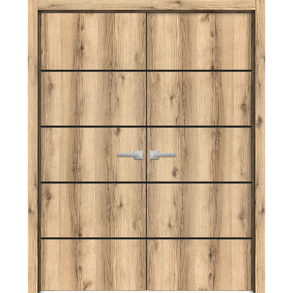 Solid French Double Doors 48 x 80 inches Oak with Frosted Glass Wood Solid Panel Frame Trims P79383