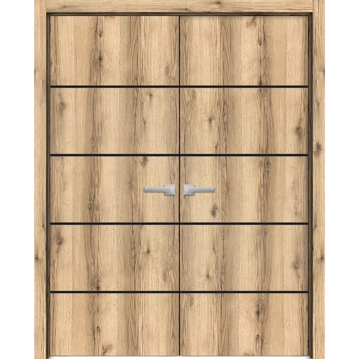 Solid French Double Doors 48 x 80 inches Oak with Frosted Glass Wood Solid Panel Frame Trims P79383