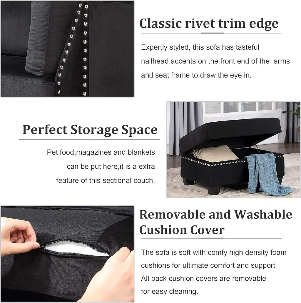 Reversible Sectional Sofa with Storage and Chaise Lounge Couch, Wooden Frame L-Shaped Corner Sofa Set with Ottoman, Black G965
