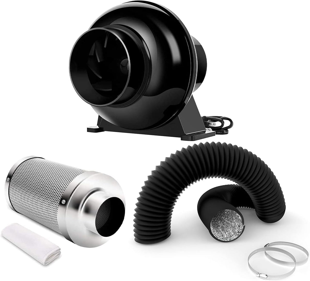 4 Inch 195 CFM Inline Fan with Carbon Filter and 8 Feet Ducting K6076