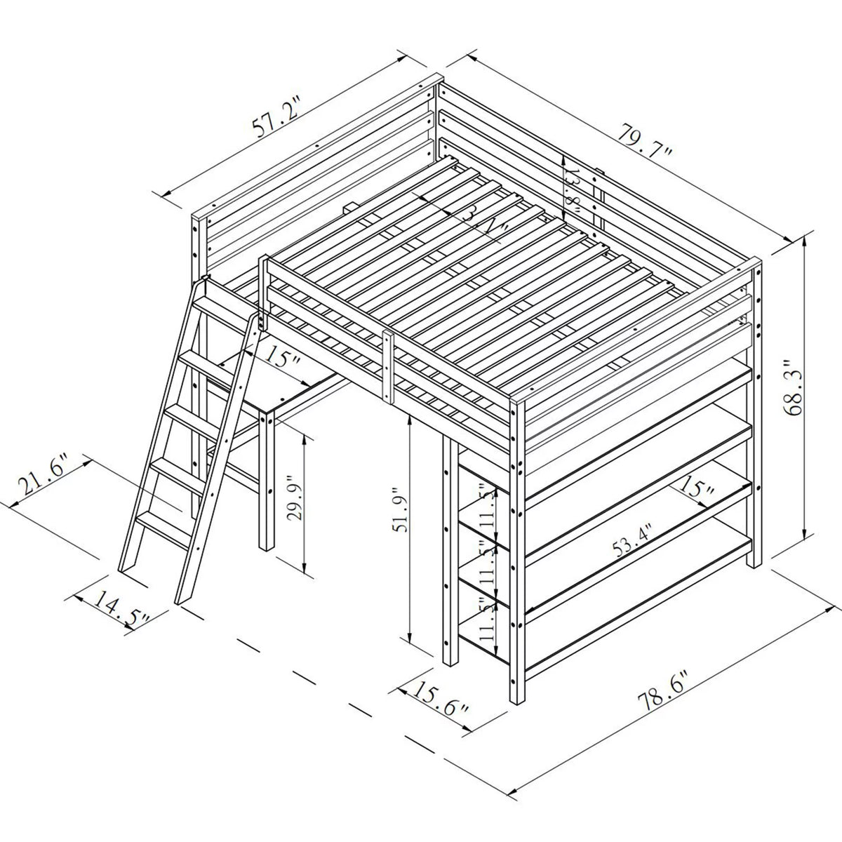 Full Size Wooden Loft Bed with Desk and Storage Shelves L42480