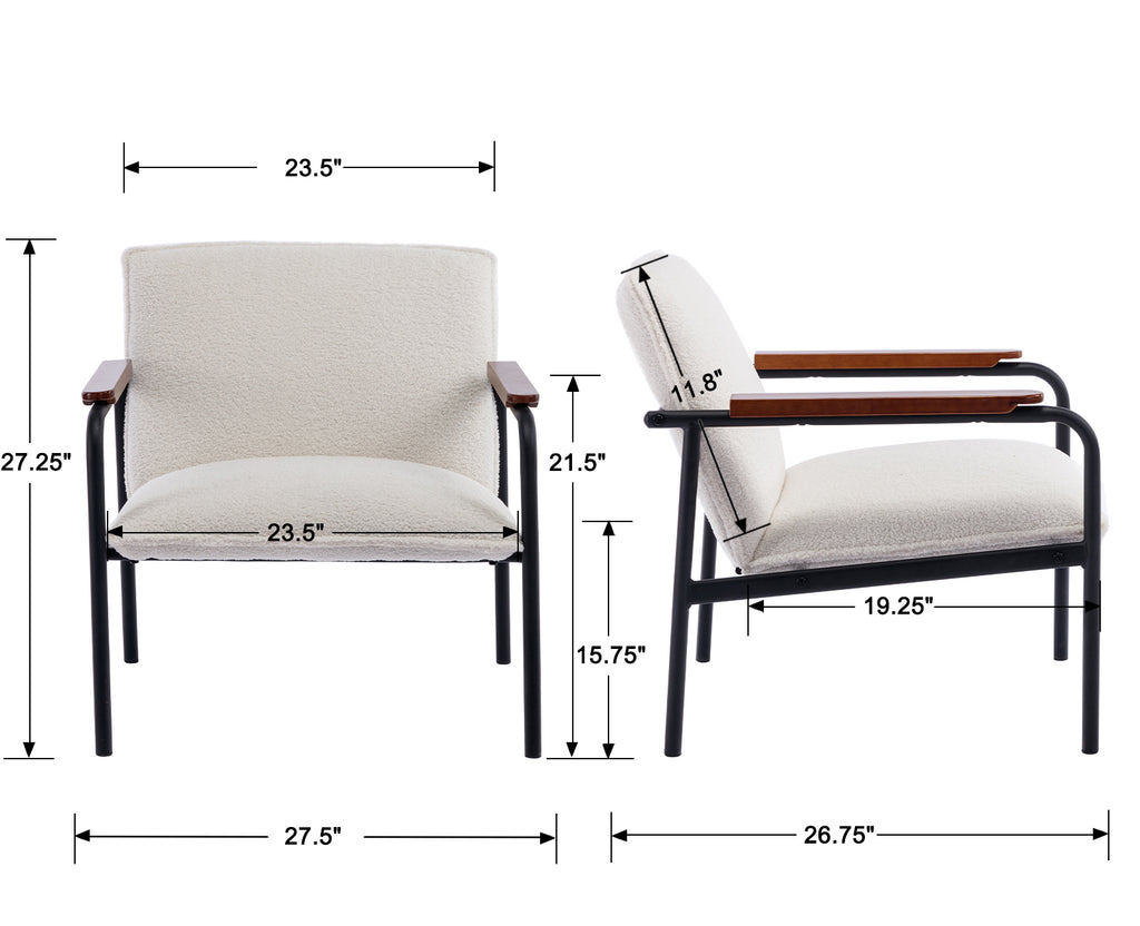 White Sherpa Armchair with Wooden Armrests and Metal Legs Z623