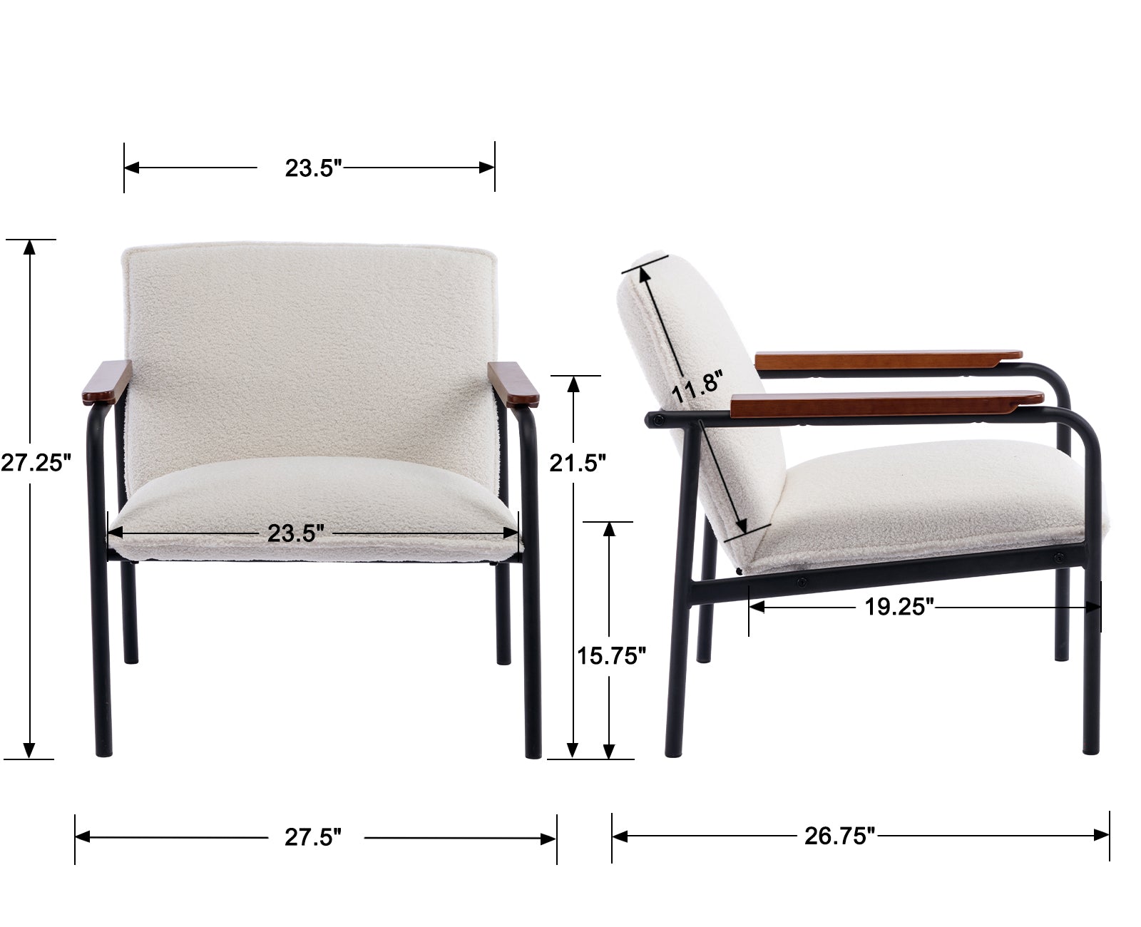 White Sherpa Armchair with Wooden Armrests and Metal Legs Z623