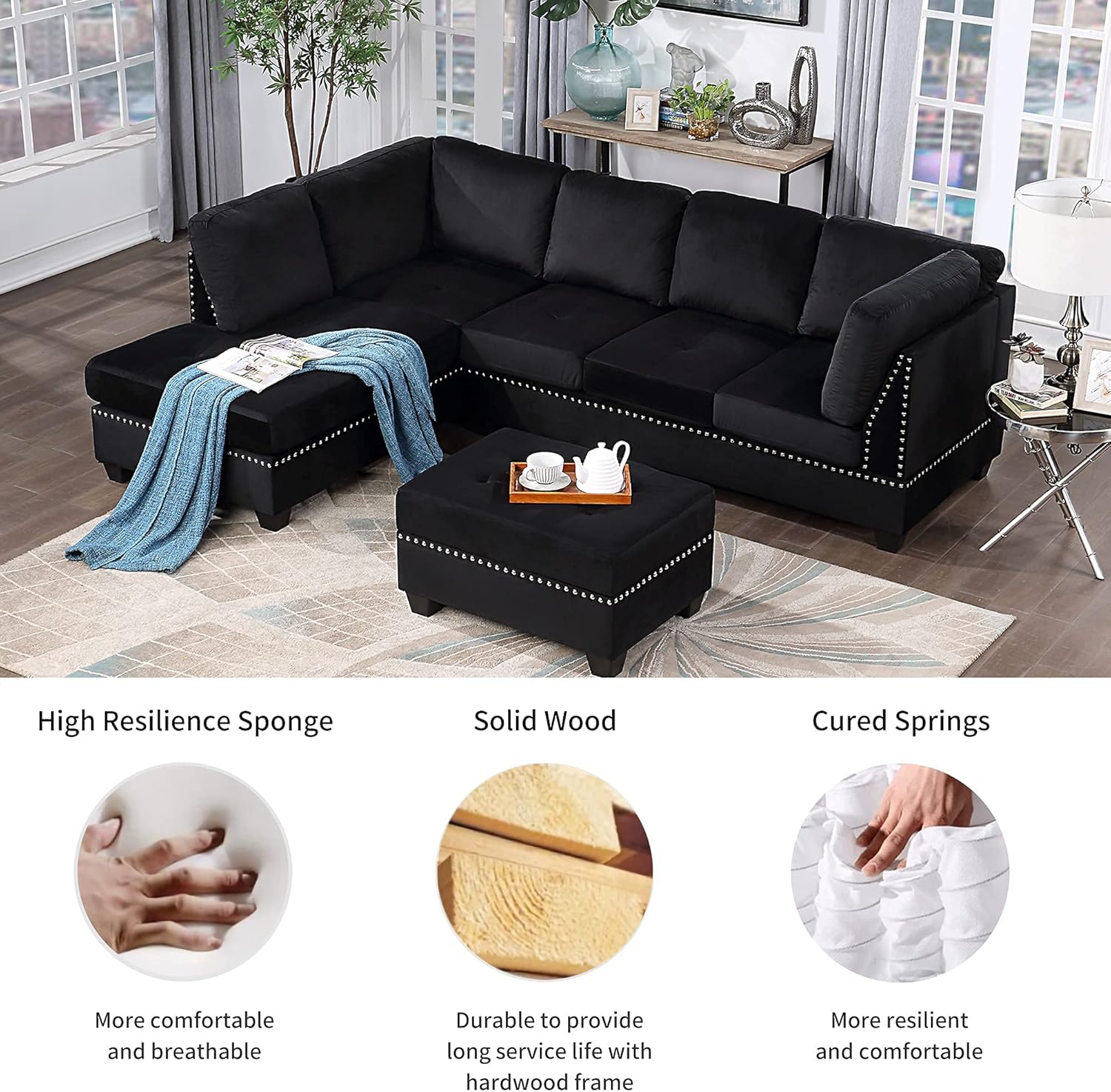 Reversible Sectional Sofa with Storage and Chaise Lounge Couch, Wooden Frame L-Shaped Corner Sofa Set with Ottoman, Black G965