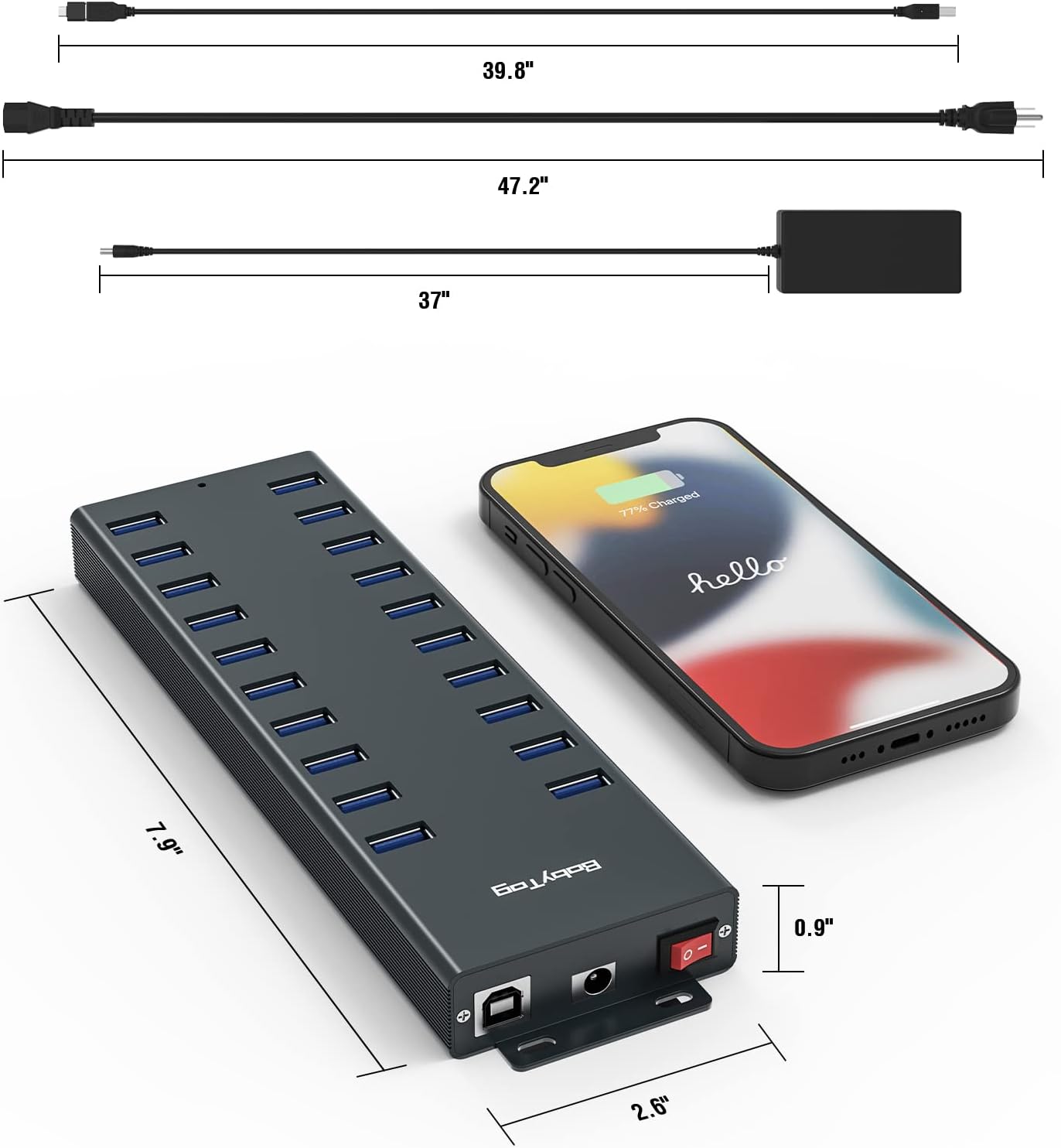 Powered USB hub 20 Ports with 12V/8A-120W Power and Data Cable D86129