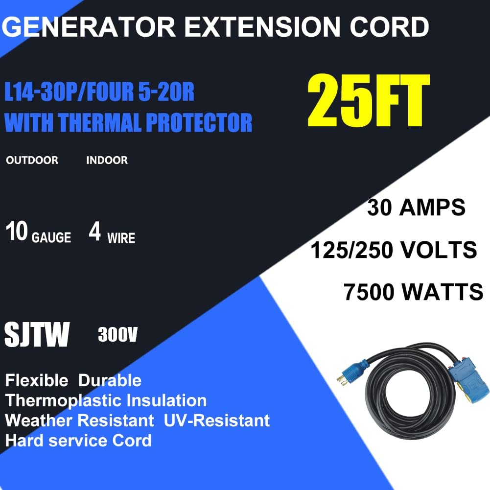 25 Feet 30 Amp 10 Gauge 4 Prong Generator Extension Cord 125/250V 7500W Pack of 2 L296279