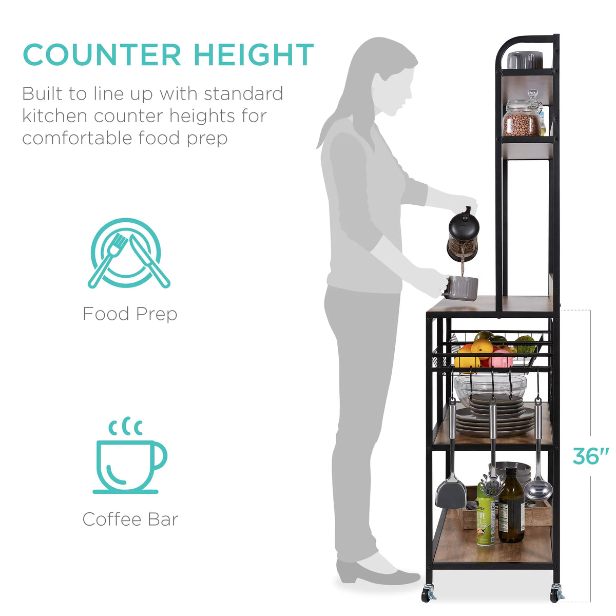 Brown Black Counter-Height Baker's Rack with Locking Wheels I453258