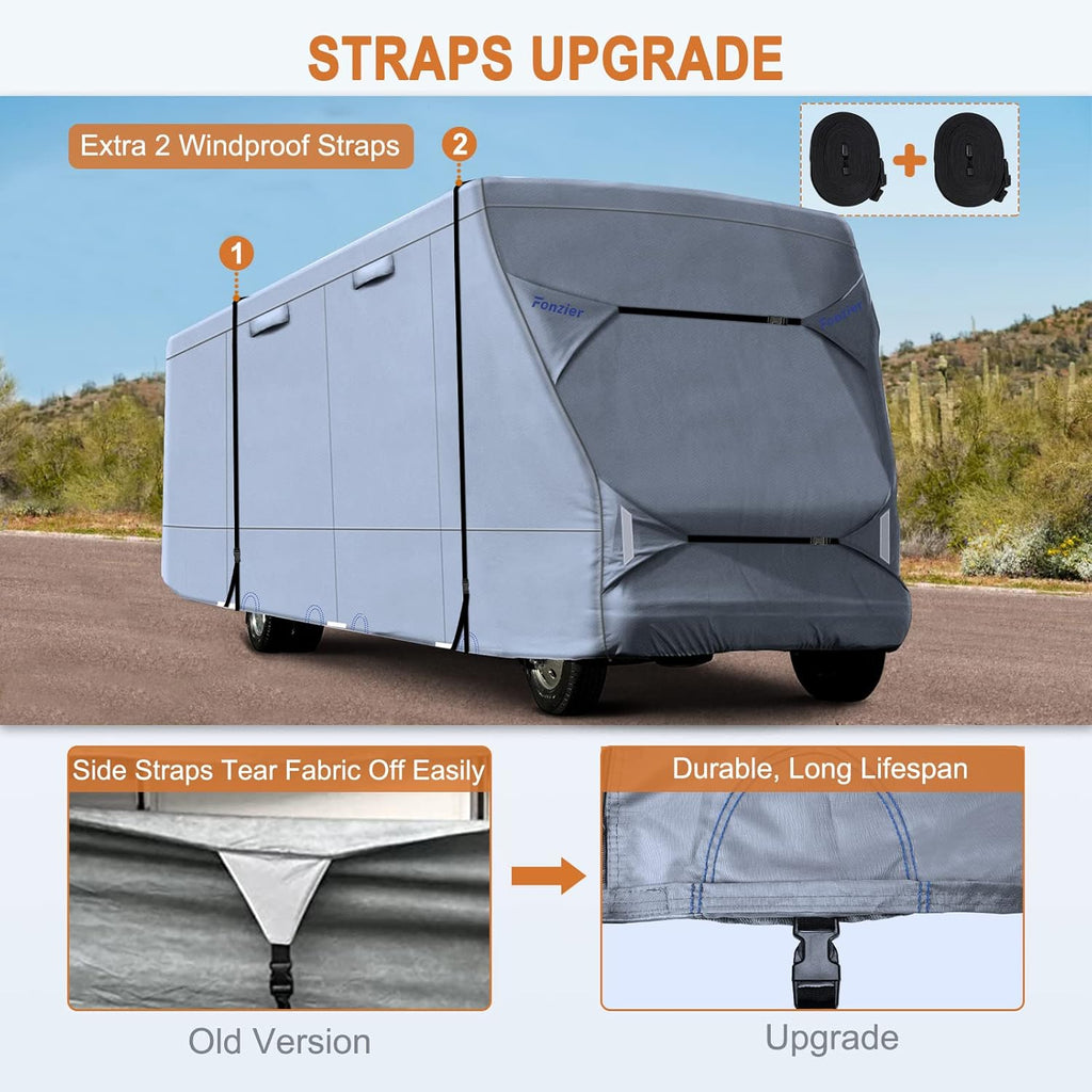 Windproof Waterproof Class C RV Cover for 26’-29’ Motorhome with 2Pcs Extra Long Straps & Gutter Covers L303770
