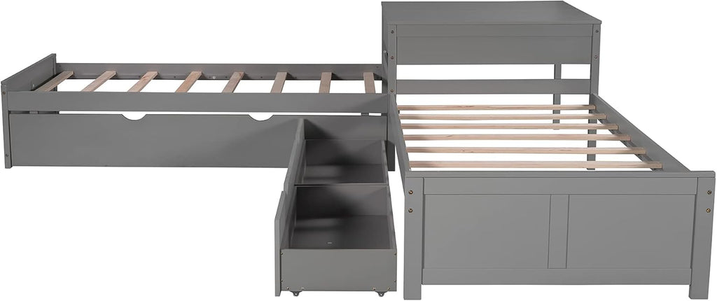 Twin L-Shaped Platform Bed with Trundle, 2 Storage Drawers, and Built-in Square Desk W107