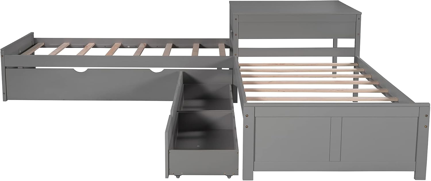 Twin L-Shaped Platform Bed with Trundle, 2 Storage Drawers, and Built-in Square Desk W107