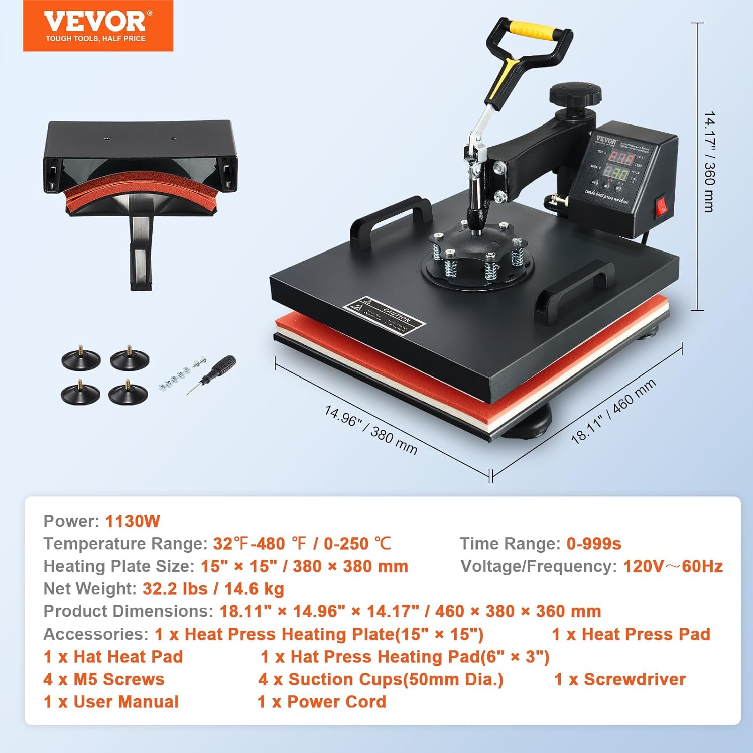 15x15 Heat Press Machine with Hat Press, 360° Swing Away Digital Tshirt Press Machine N393569