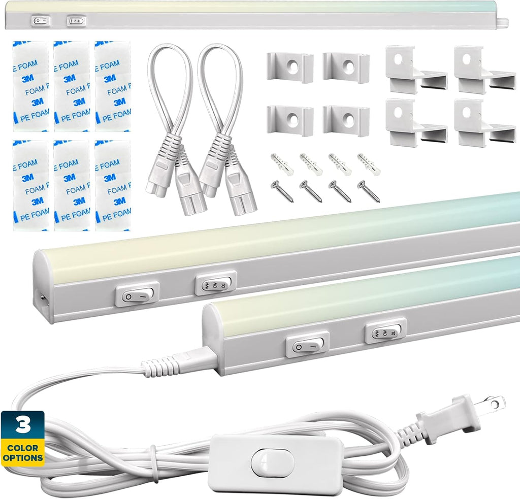 LED Under Cabinet Light Kit, 3 PCS Plug In, 36W, 3600 Lumens, Linkable, 3 Color Option, Peel and Stick or Bracket Mounted, On/Off Switch, Damp Rated O49169