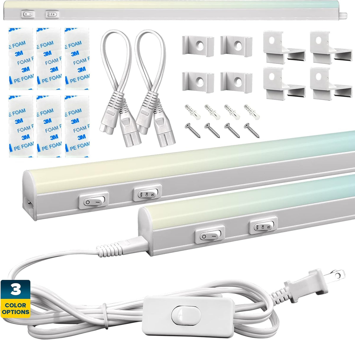 LED Under Cabinet Light Kit, 3 PCS Plug In, 36W, 3600 Lumens, Linkable, 3 Color Option, Peel and Stick or Bracket Mounted, On/Off Switch, Damp Rated O49169